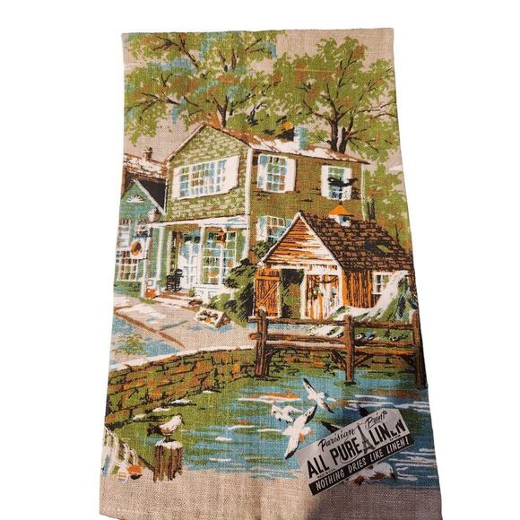Vintage Parisian Print pure linen tea towel, farmhouse, cottage, town - Picture 1 of 5